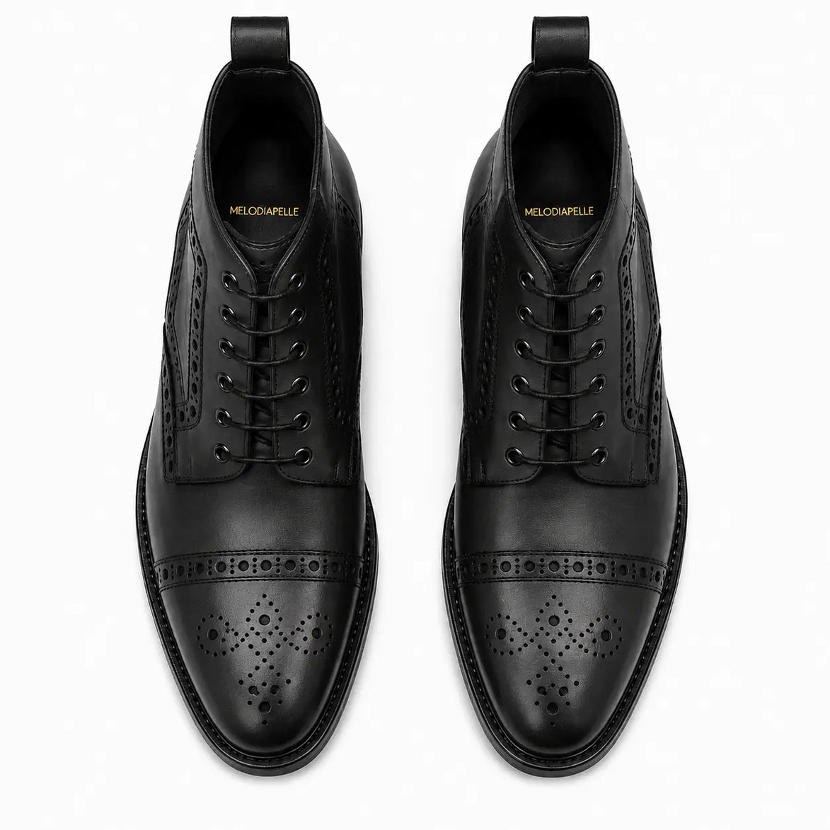 Melodiapelle Madison Combat Boot in black leather, pair top-down view, handcrafted in Agra