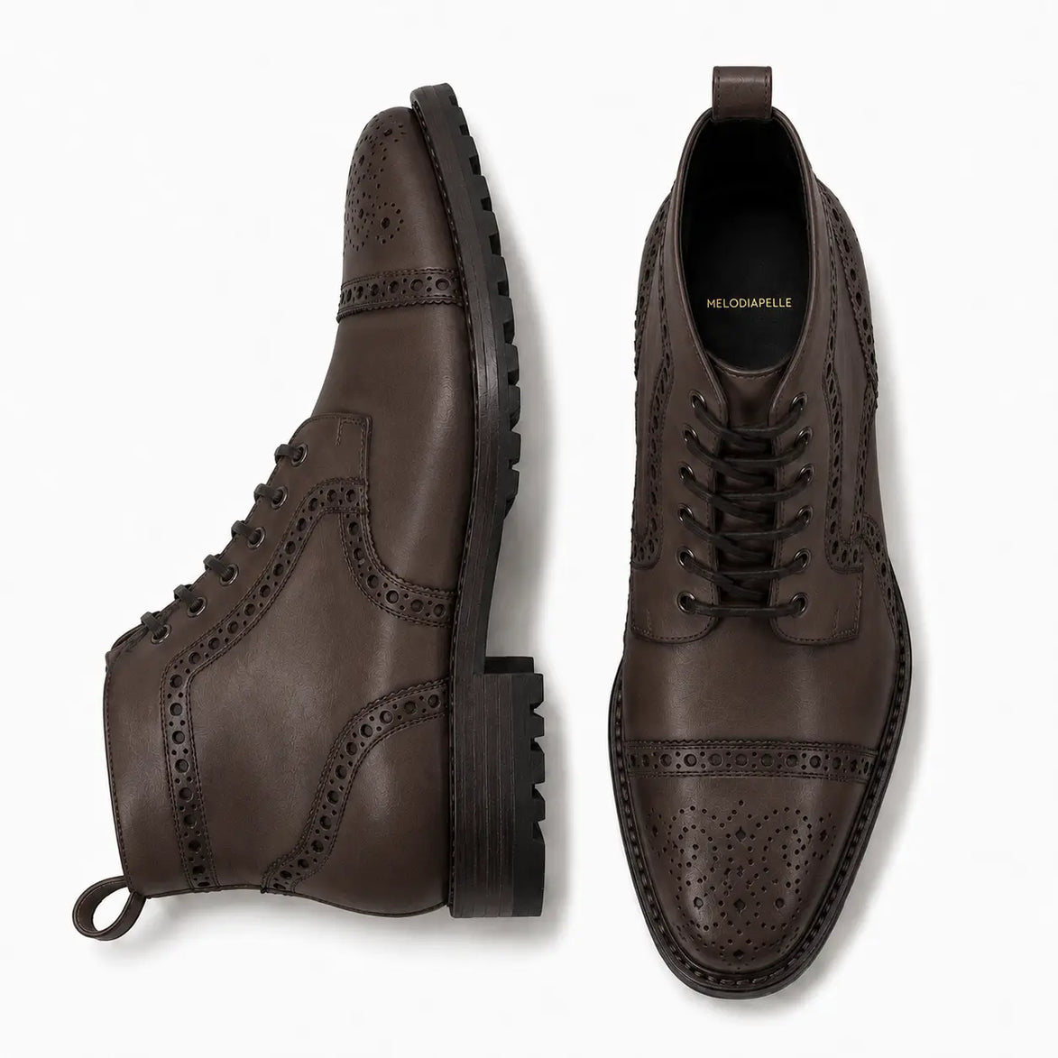 Dark brown leather brogue combat boot, three-quarter angle showing heel and sole detailing