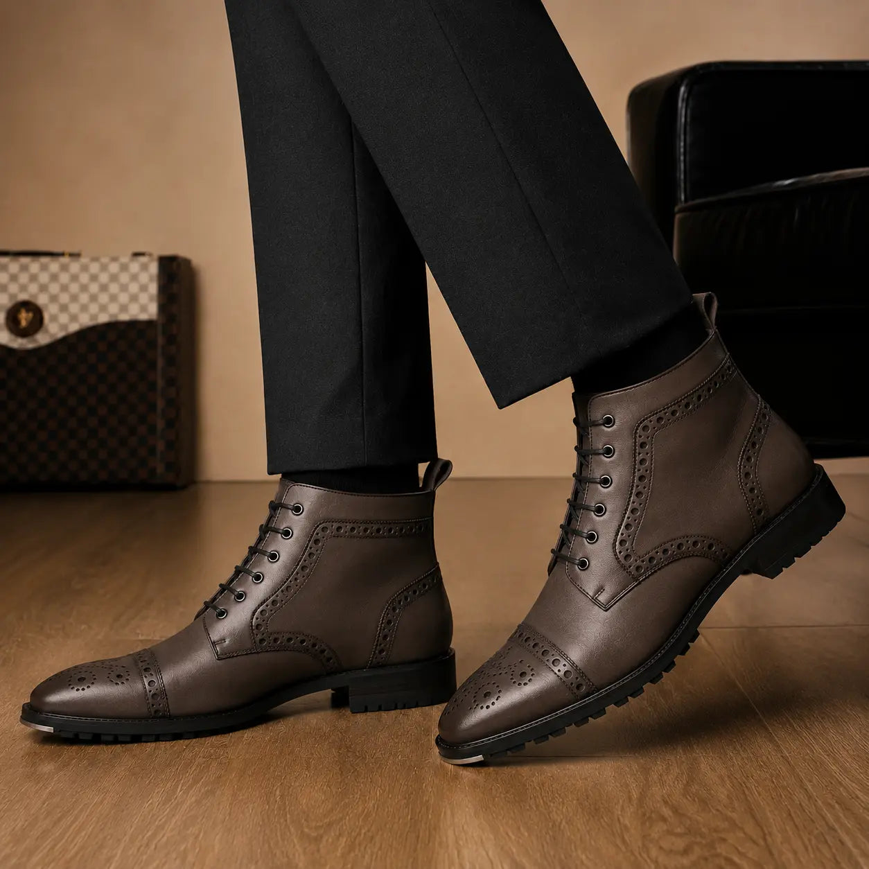 Melodiapelle Madison Combat Boot in dark brown leather worn with trousers, on-feet shot