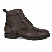 Side profile of the Madison Combat Boot in dark brown leather on white background