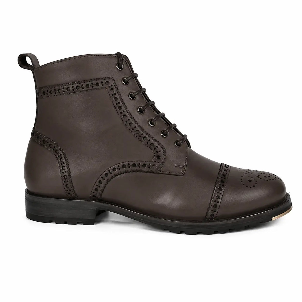 Side profile of the Madison Combat Boot in dark brown leather on white background