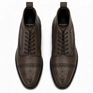 Melodiapelle Madison Combat Boot in dark brown leather, pair top-down view, handcrafted in Agra