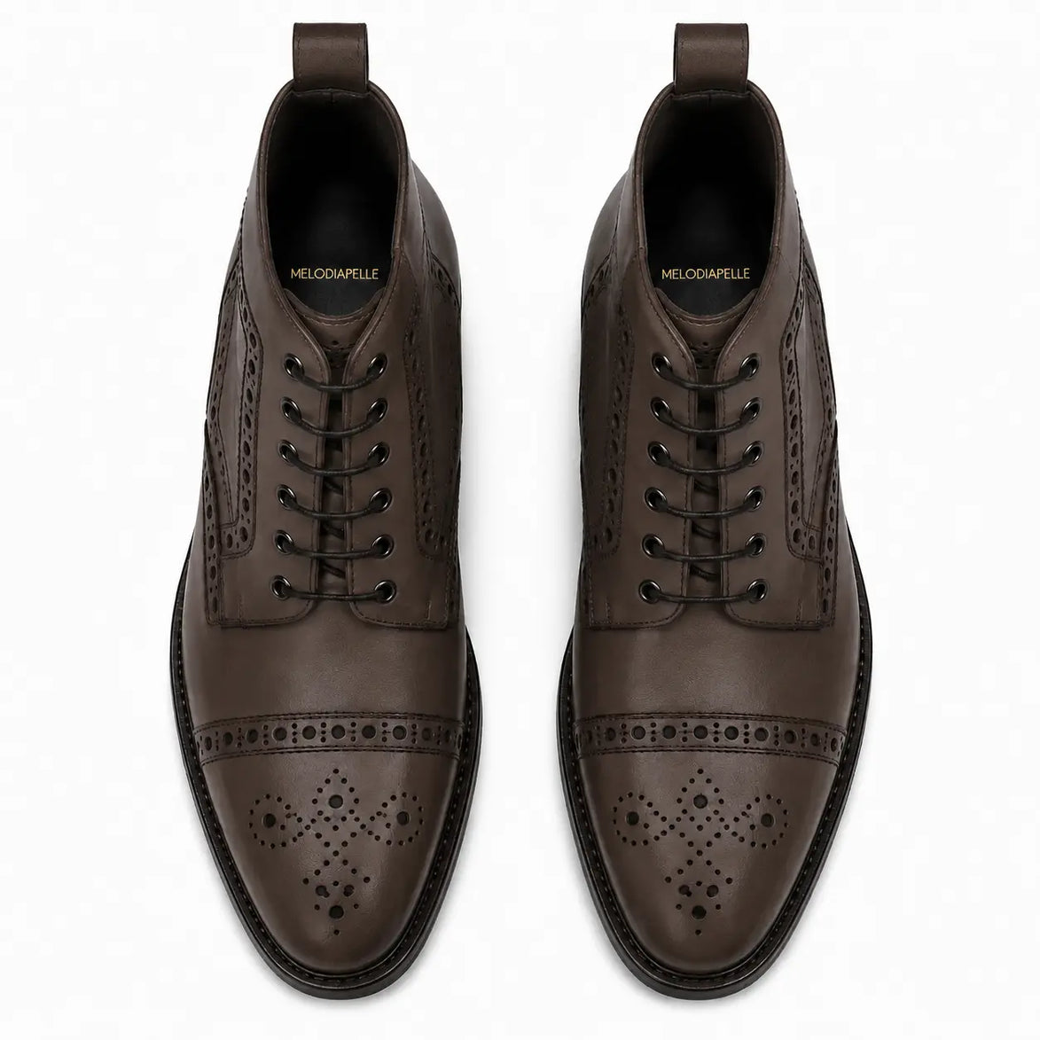 Melodiapelle Madison Combat Boot in dark brown leather, pair top-down view, handcrafted in Agra