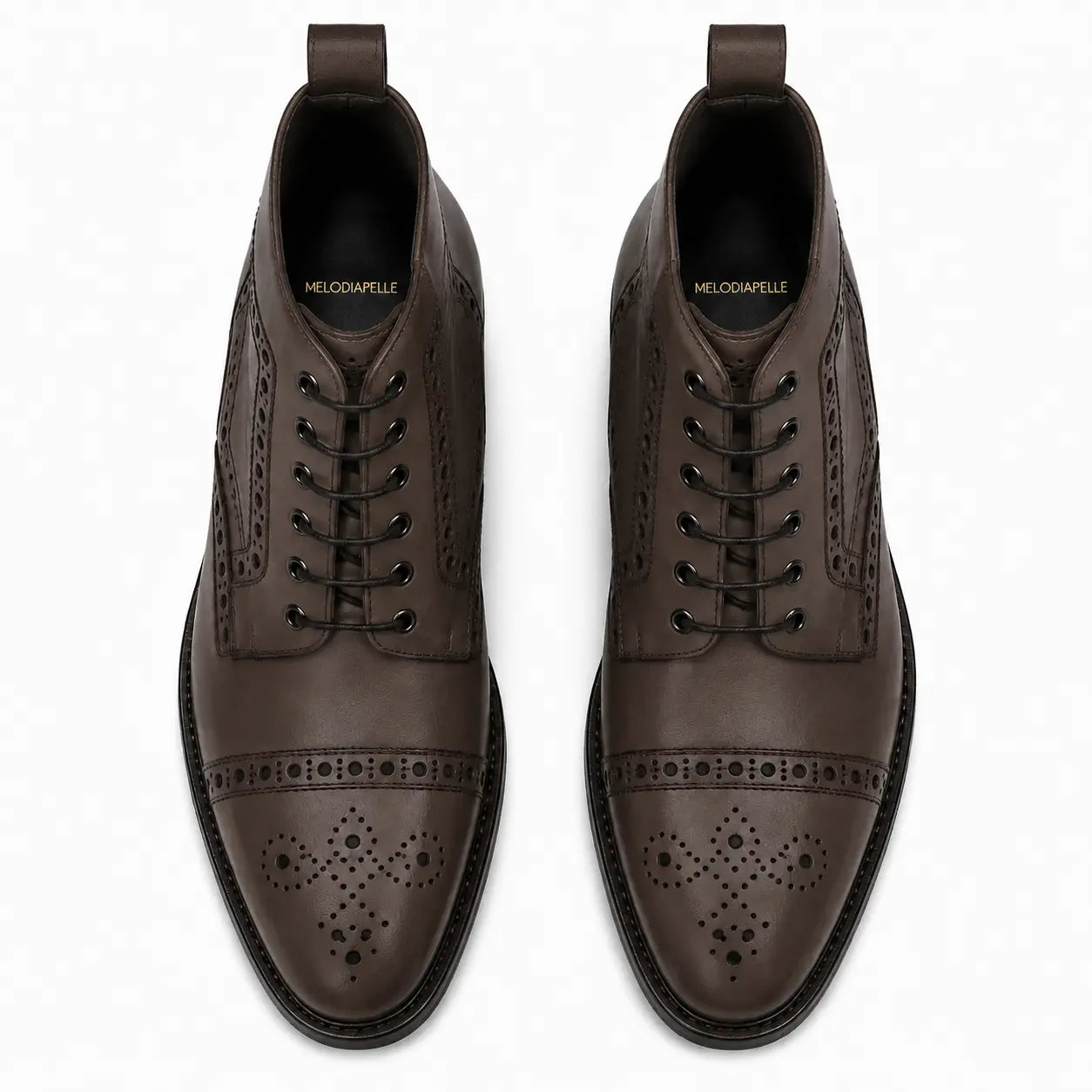 Melodiapelle Madison Combat Boot in dark brown leather, pair top-down view, handcrafted in Agra