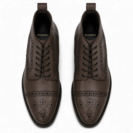 Melodiapelle Madison Combat Boot in dark brown leather, pair top-down view, handcrafted in Agra