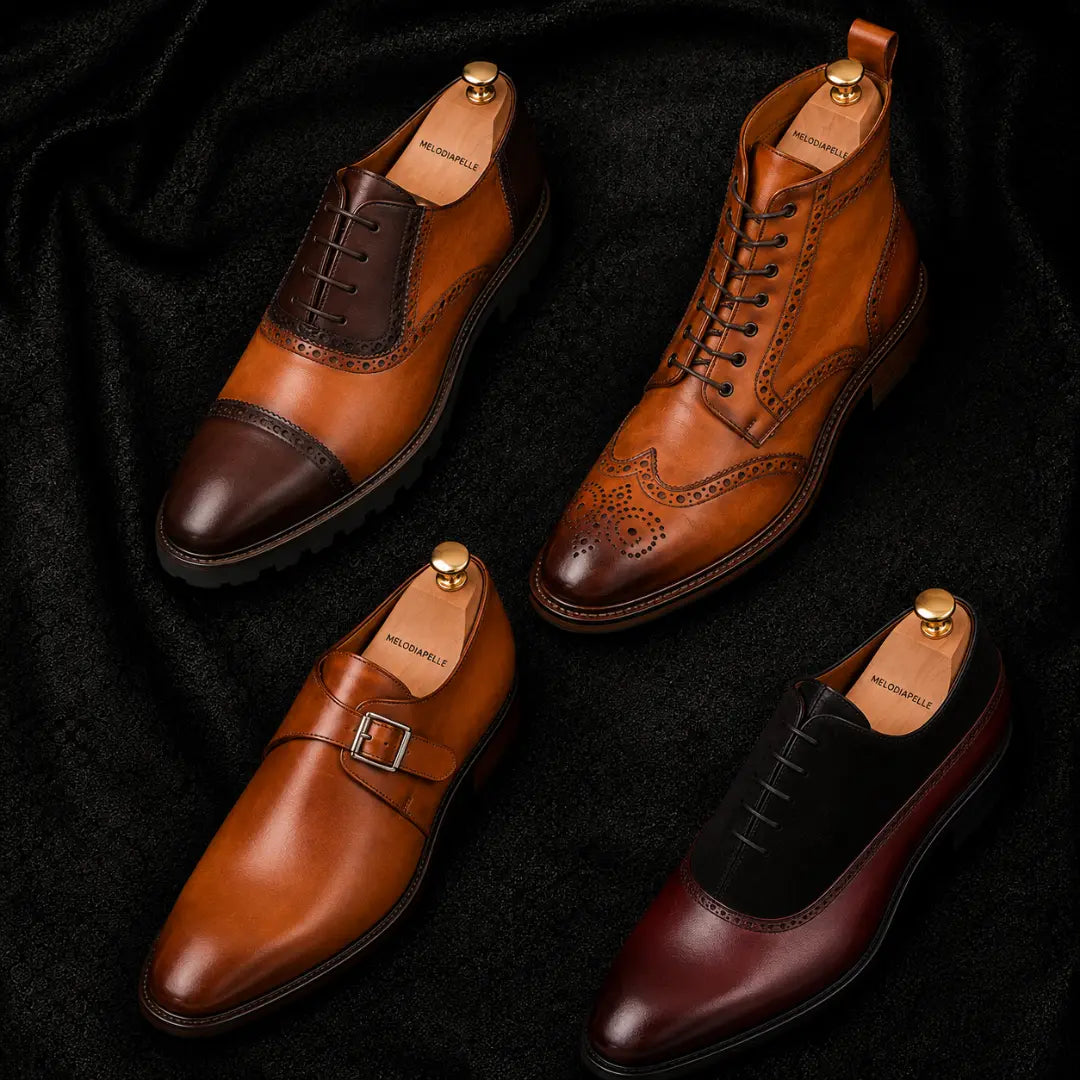 Melodiapelle Madison Combat Boot collection in tan, black and dark brown leather, handcrafted brogue boots displayed together