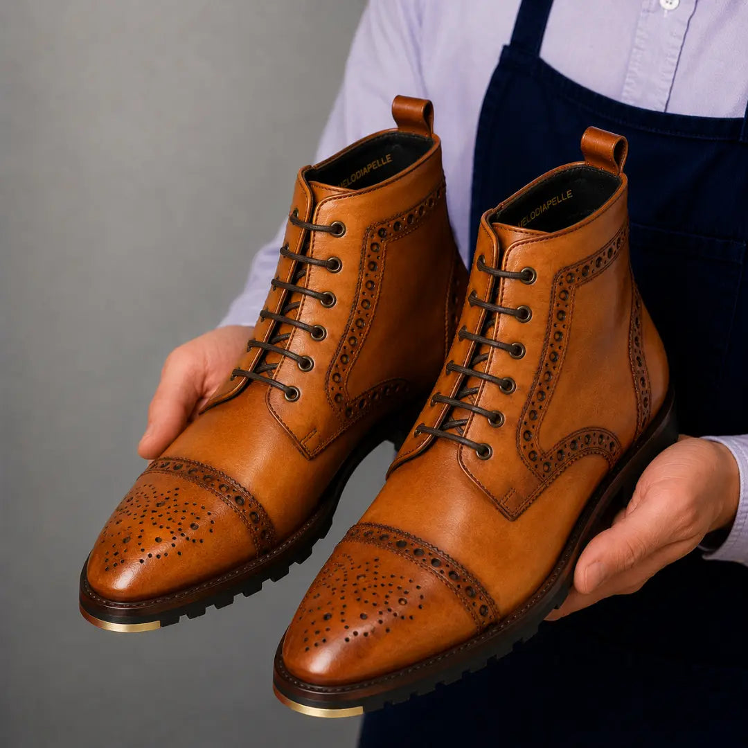Man holding a pair of Melodiapelle Madison Combat Boots in tan leather, close-up