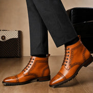 Melodiapelle Madison Combat Boot in tan leather worn with trousers, on-feet shot