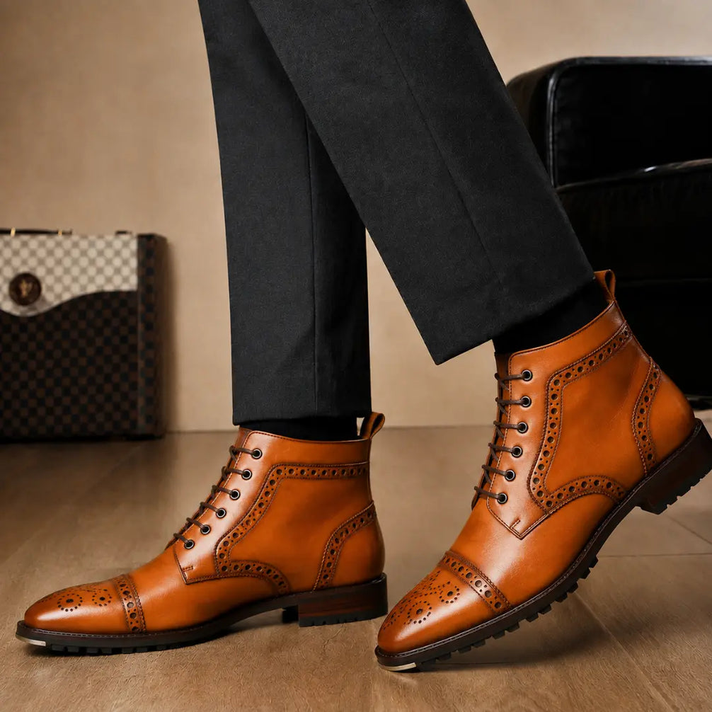 Melodiapelle Madison Combat Boot in tan leather worn with trousers, on-feet shot