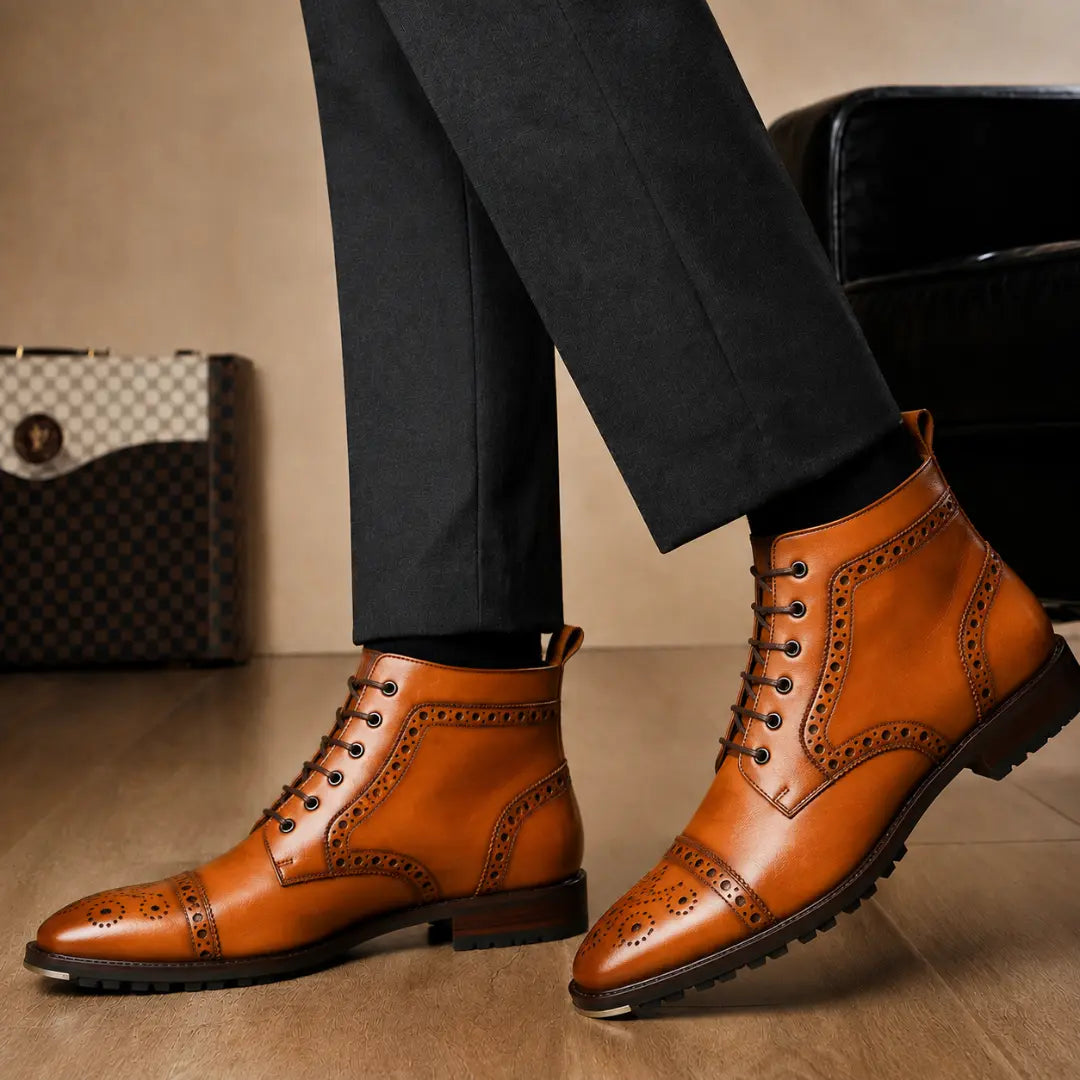 Melodiapelle Madison Combat Boot in tan leather worn with trousers, on-feet shot