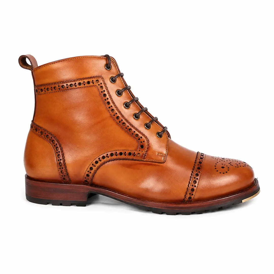 Side profile of the Madison Combat Boot in tan leather on white background
