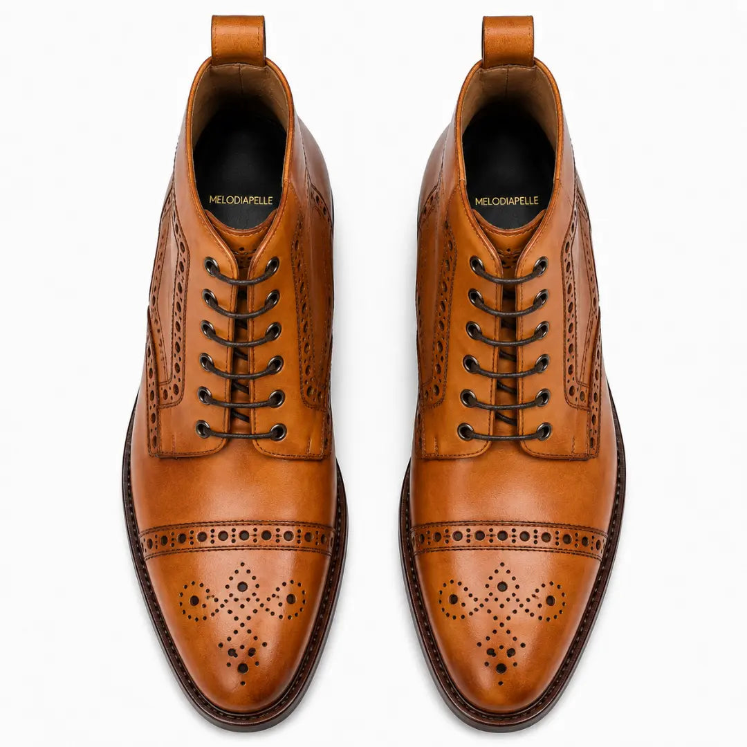 Melodiapelle Madison Combat Boot in tan leather, pair top-down view, handcrafted in Agra