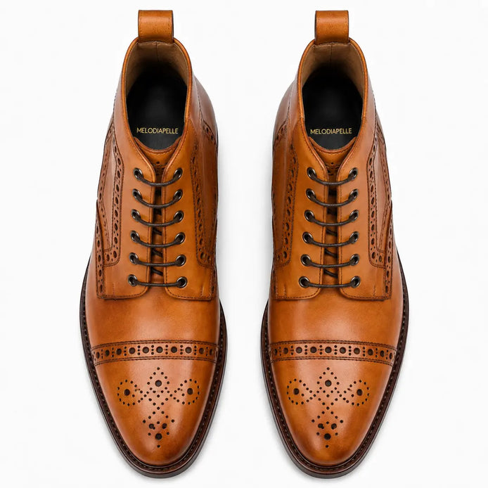 Melodiapelle Madison Combat Boot in tan leather, pair top-down view, handcrafted in Agra