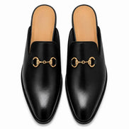 Melodiapelle Madison Mule in black leather, pair top-down view, handcrafted in Agra