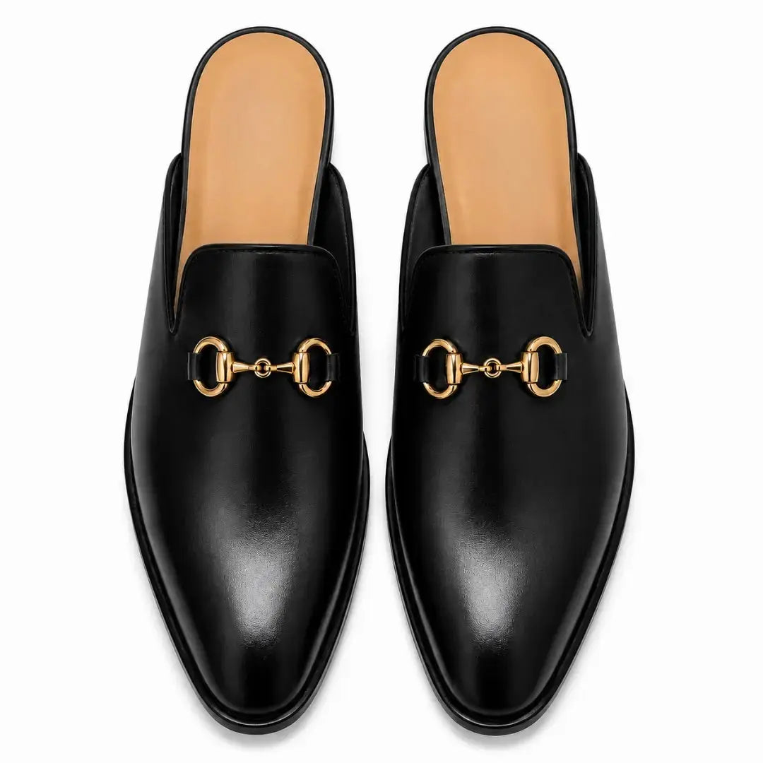 Melodiapelle Madison Mule in black leather, pair top-down view, handcrafted in Agra
