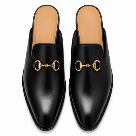Melodiapelle Madison Mule in black leather, pair top-down view, handcrafted in Agra