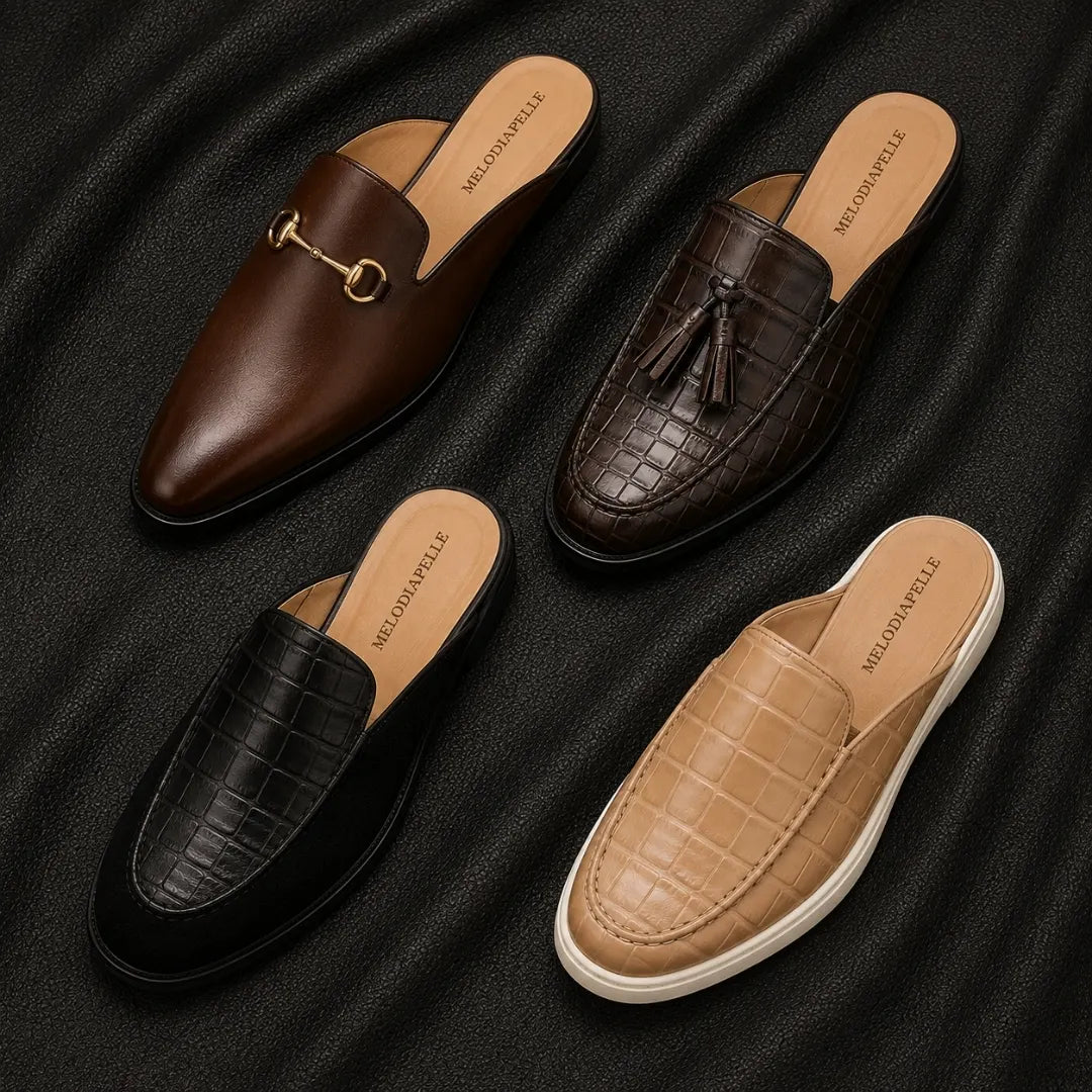 Melodiapelle Madison Mule collection in brown, black and tan leather, handcrafted horsebit mule loafers displayed together