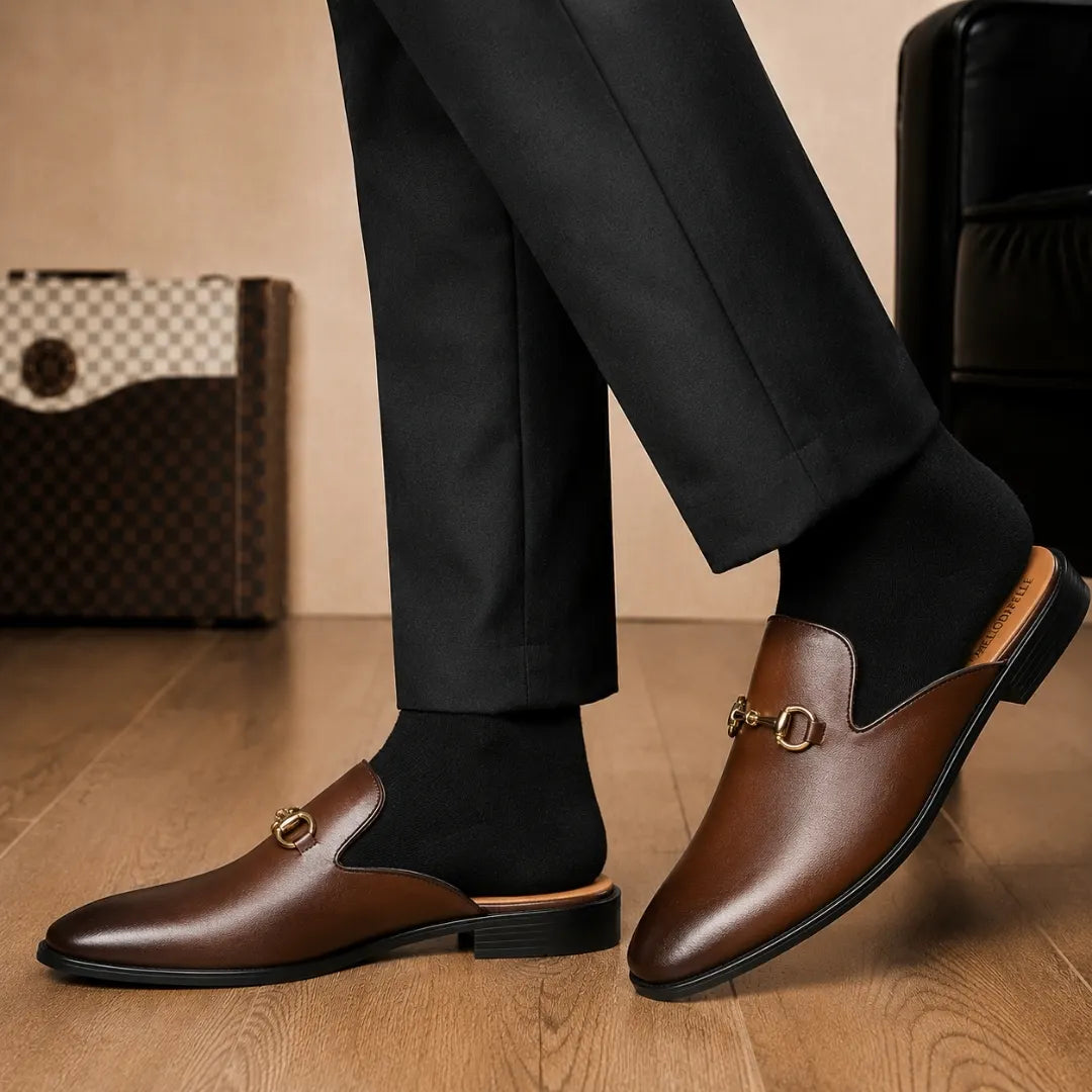 Melodiapelle Madison Mule in brown leather worn with formal trousers, on-feet shot