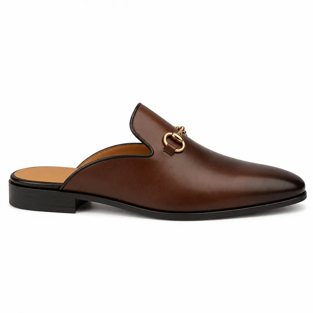 Side profile of the Madison Mule in brown leather on white background
