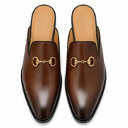 Melodiapelle Madison Mule in brown leather, pair top-down view, handcrafted in Agra