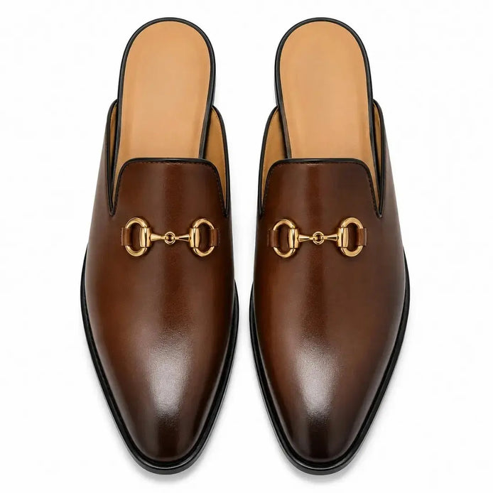 Melodiapelle Madison Mule in brown leather, pair top-down view, handcrafted in Agra