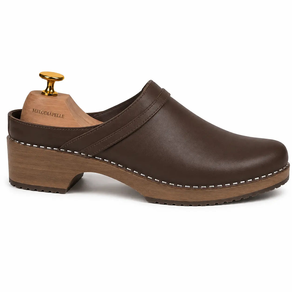 Side profile of the Madison Mule in dark brown leather on white background