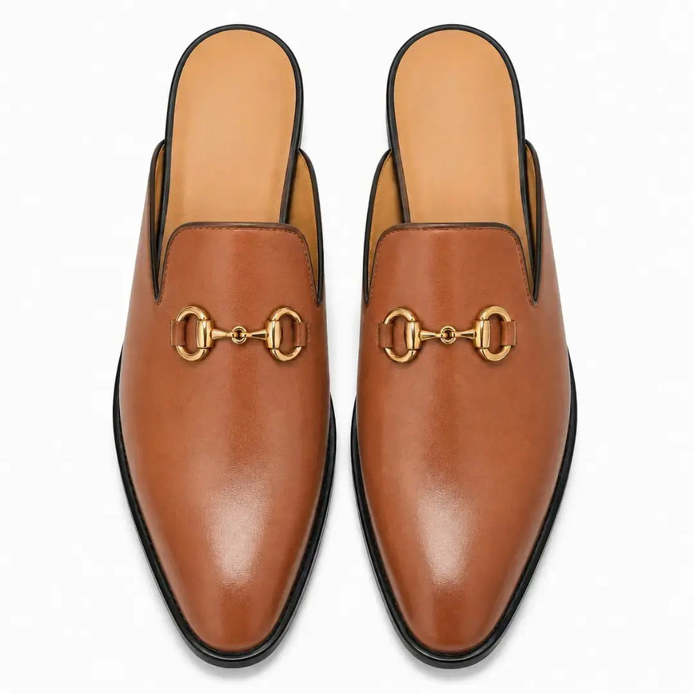 Melodiapelle Madison Mule in tan leather, pair top-down view, handcrafted in Agra
