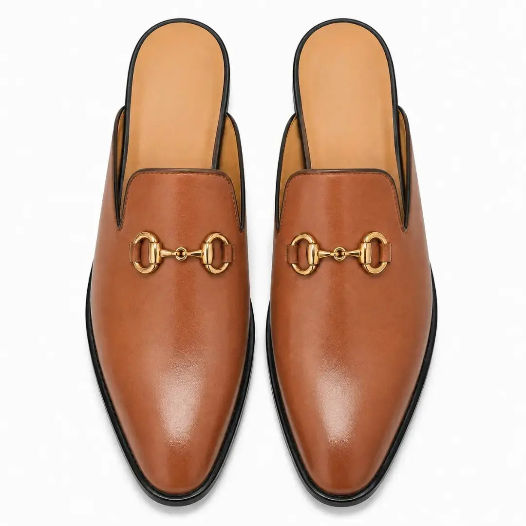 Melodiapelle Madison Mule in tan leather, pair top-down view, handcrafted in Agra