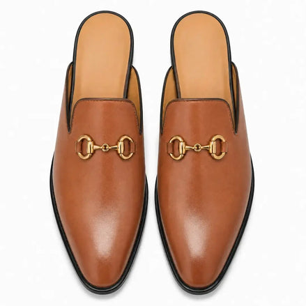Melodiapelle Madison Mule in tan leather, pair top-down view, handcrafted in Agra