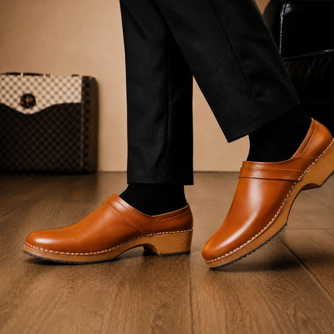 Melodiapelle Madison Mule in tan leather worn with formal trousers, on-feet shot