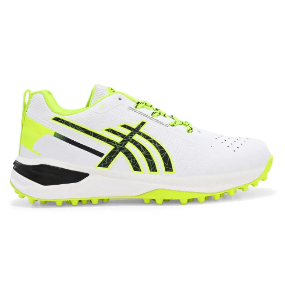 Side profile of the Madras Cricket Shoe in white and neon yellow on white background
