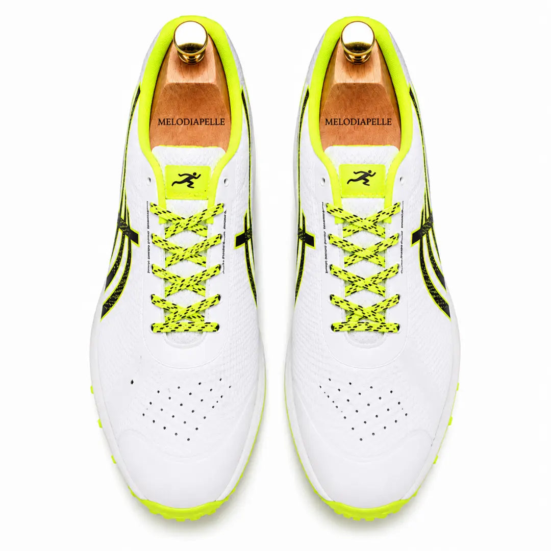 Melodiapelle Madras Cricket Shoe in white and neon yellow, pair top-down view, handcrafted in Agra