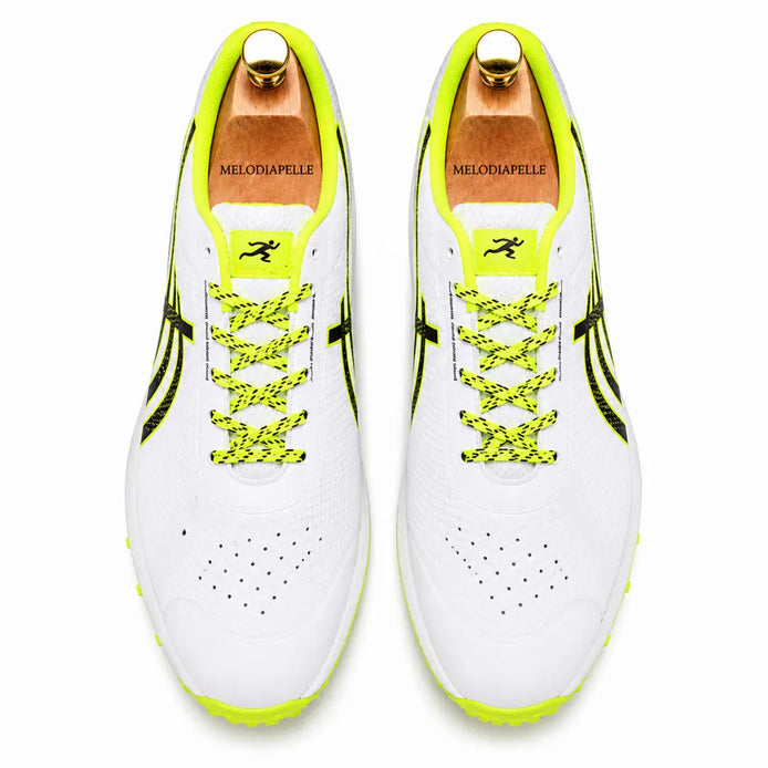 Melodiapelle Madras Cricket Shoe in white and neon yellow, pair top-down view, handcrafted in Agra