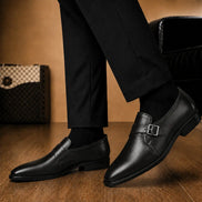 Melodiapelle Madrid Single Monk Strap in black leather worn with formal trousers, on-feet shot