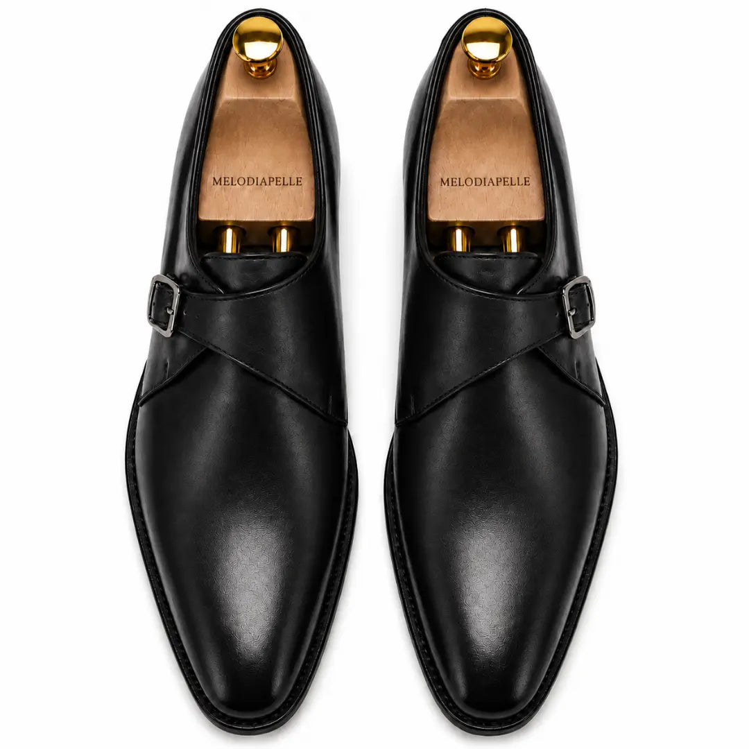 Melodiapelle Madrid Single Monk Strap in black leather, pair top-down view, handcrafted in Agra