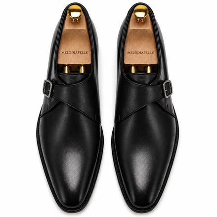 Melodiapelle Madrid Single Monk Strap in black leather, pair top-down view, handcrafted in Agra