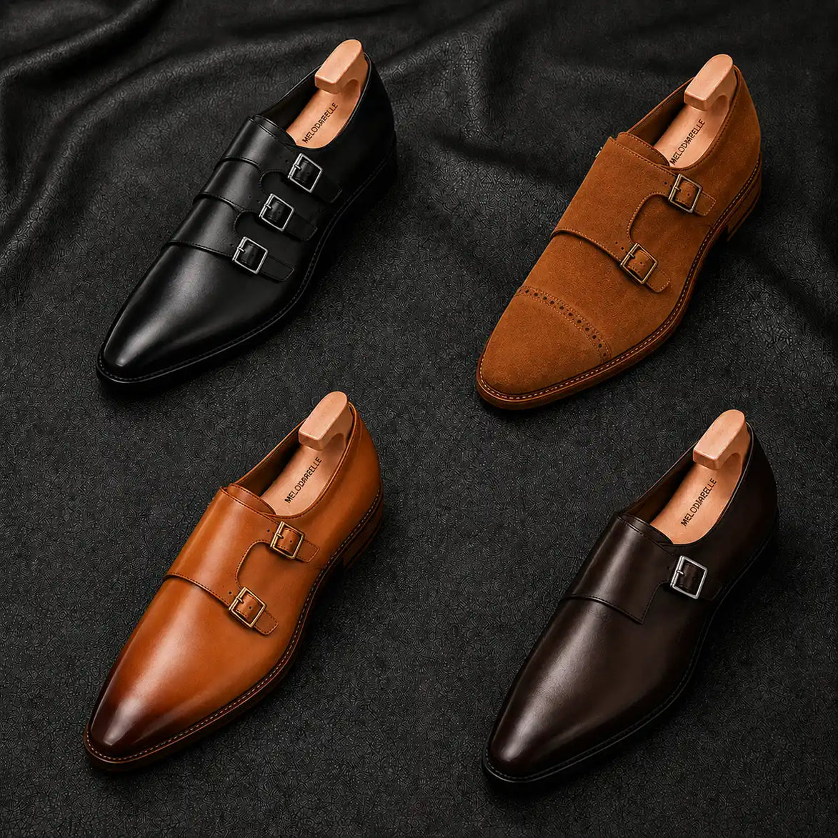 Melodiapelle Madrid Single Monk Strap collection in dark chocolate, black and tan leather, handcrafted single monk strap shoes displayed together