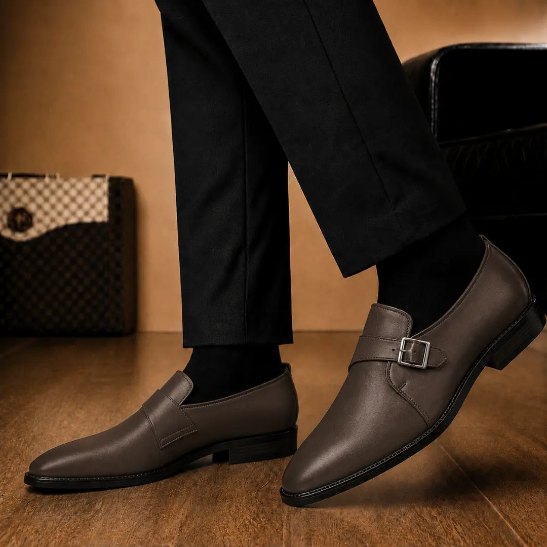 Melodiapelle Madrid Single Monk Strap in dark chocolate leather worn with formal trousers, on-feet shot
