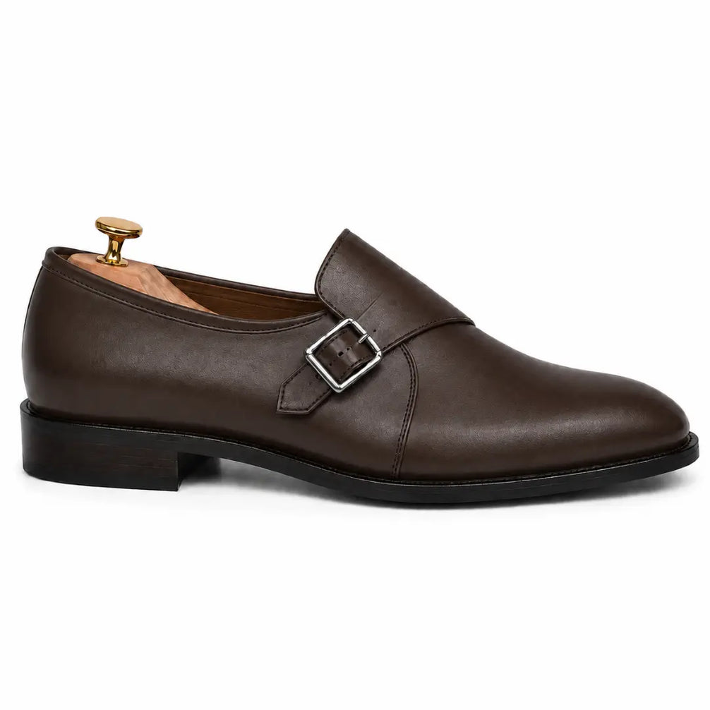 Side profile of the Madrid Single Monk Strap in dark chocolate leather on white background