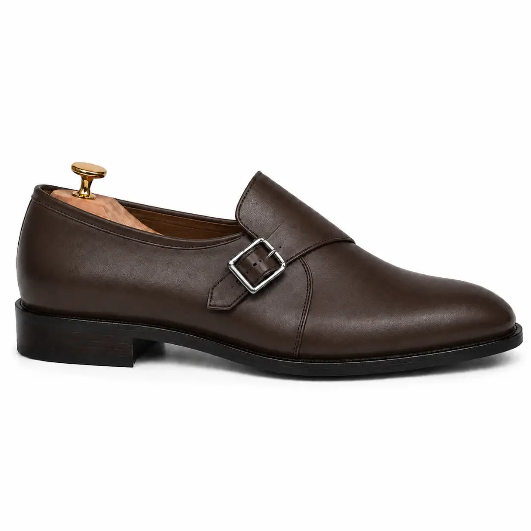 Side profile of the Madrid Single Monk Strap in dark chocolate leather on white background