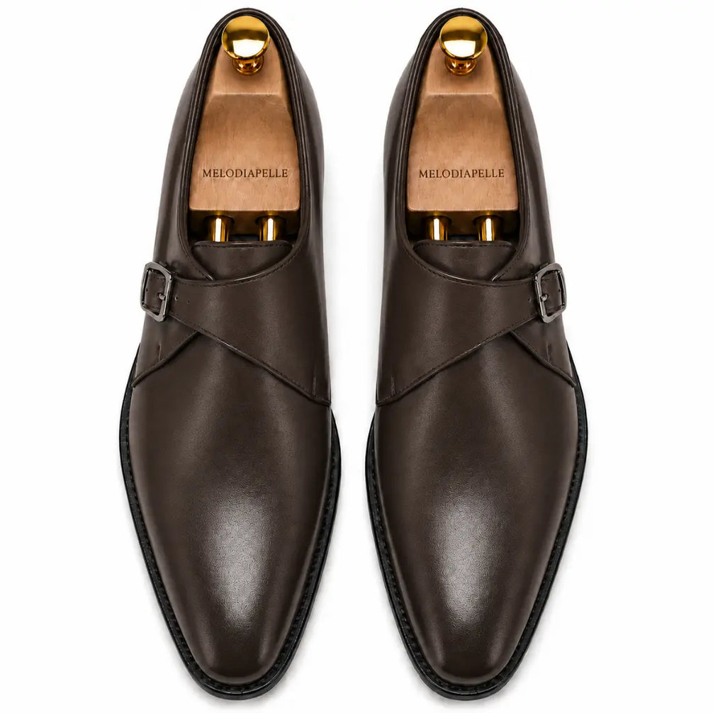 Melodiapelle Madrid Single Monk Strap in dark chocolate leather, pair top-down view, handcrafted in Agra