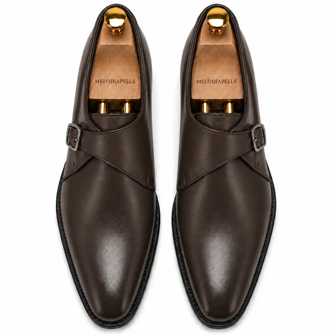 Melodiapelle Madrid Single Monk Strap in dark chocolate leather, pair top-down view, handcrafted in Agra