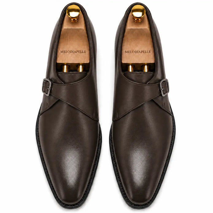 Melodiapelle Madrid Single Monk Strap in dark chocolate leather, pair top-down view, handcrafted in Agra