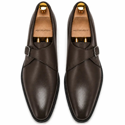 Melodiapelle Madrid Single Monk Strap in dark chocolate leather, pair top-down view, handcrafted in Agra