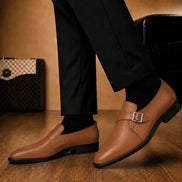 Melodiapelle Madrid Single Monk Strap in tan leather worn with formal trousers, on-feet shot