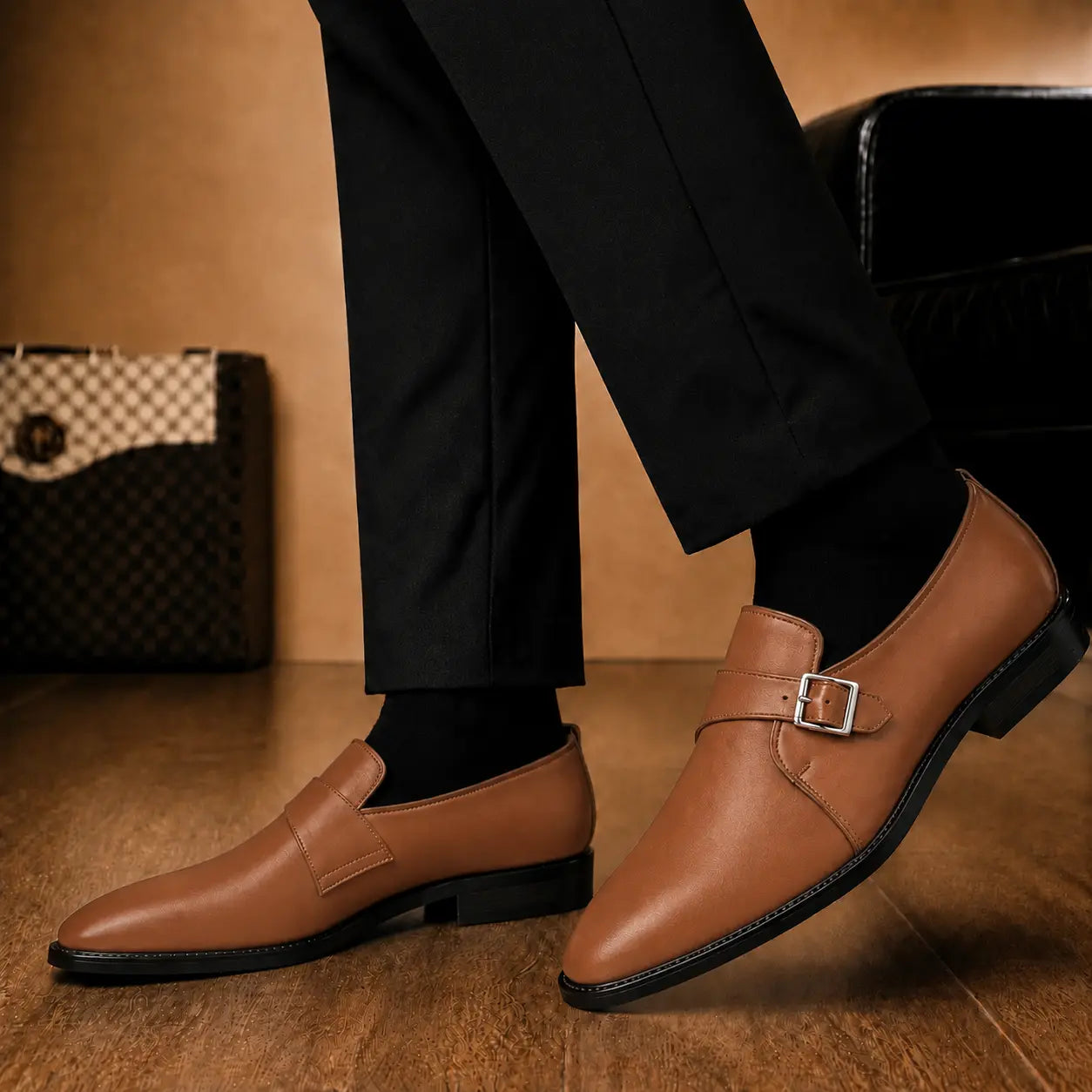 Melodiapelle Madrid Single Monk Strap in tan leather worn with formal trousers, on-feet shot