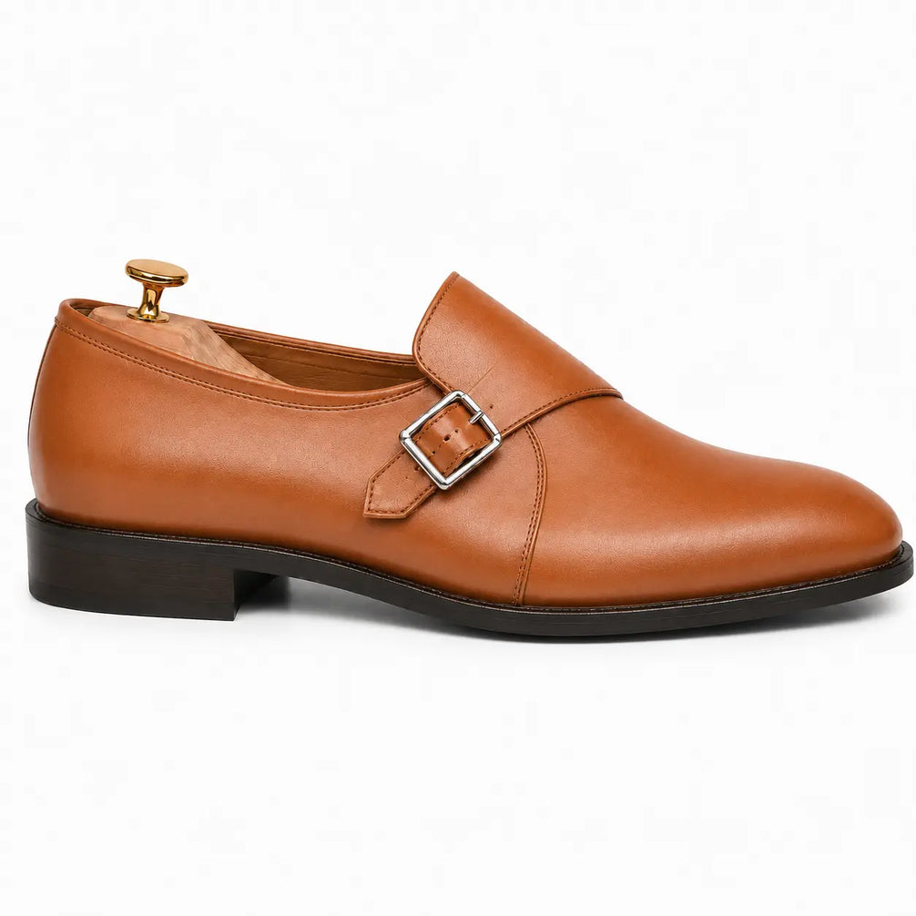 Side profile of the Madrid Single Monk Strap in tan leather on white background