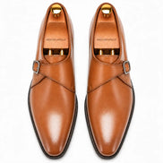 Melodiapelle Madrid Single Monk Strap in tan leather, pair top-down view, handcrafted in Agra