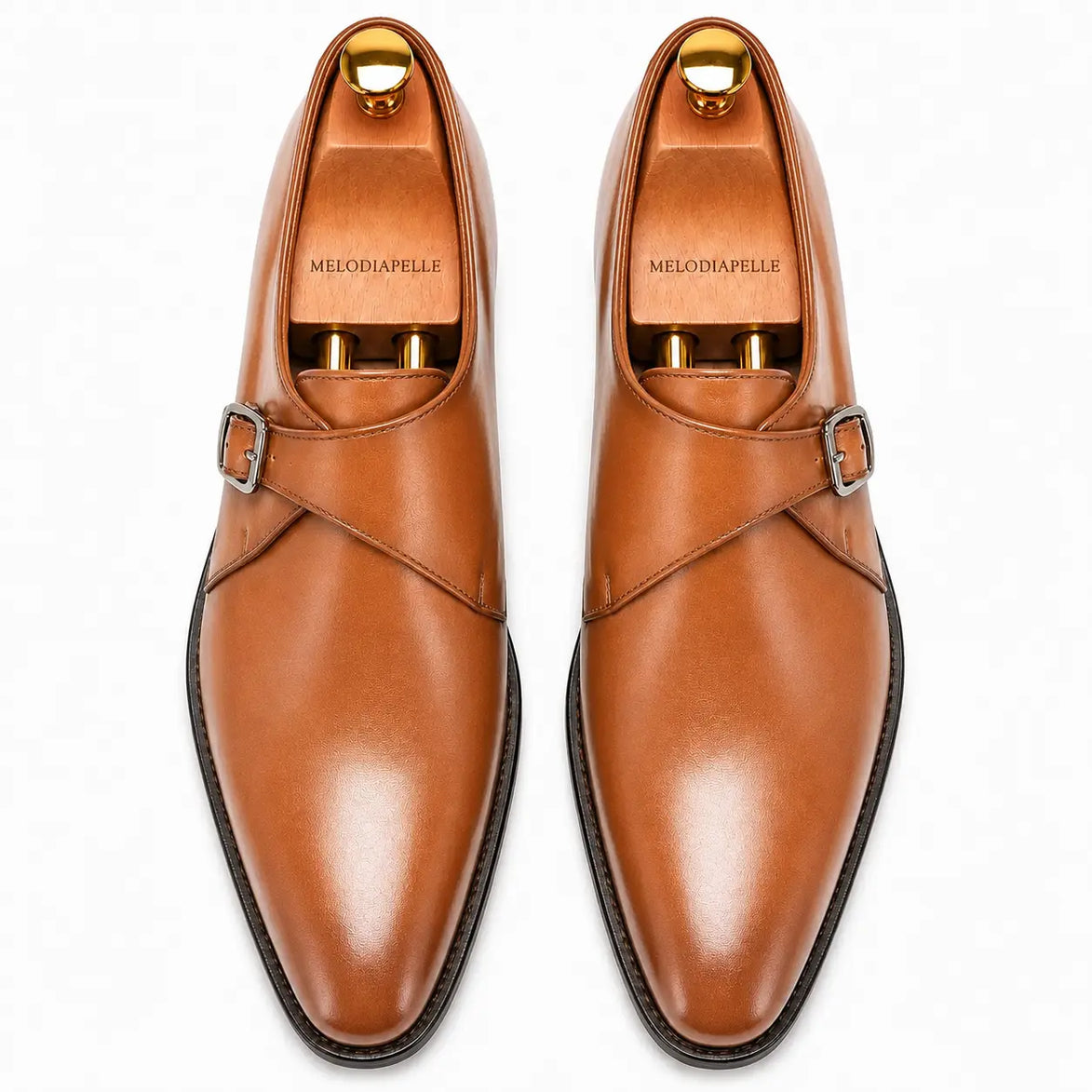Melodiapelle Madrid Single Monk Strap in tan leather, pair top-down view, handcrafted in Agra