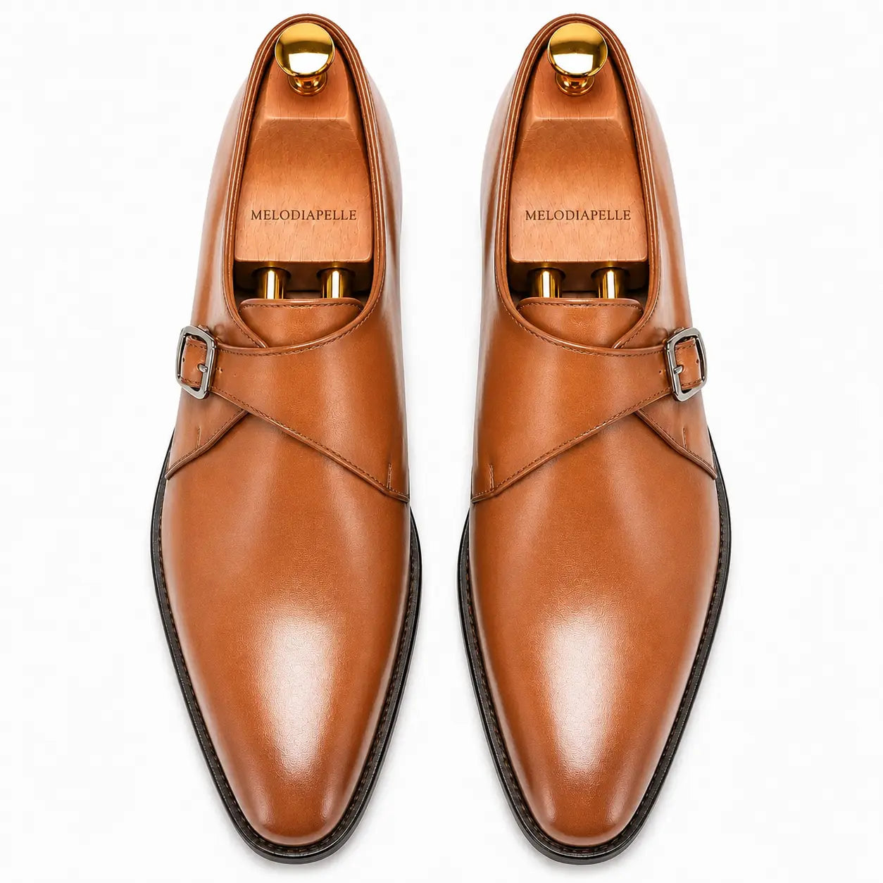 Melodiapelle Madrid Single Monk Strap in tan leather, pair top-down view, handcrafted in Agra